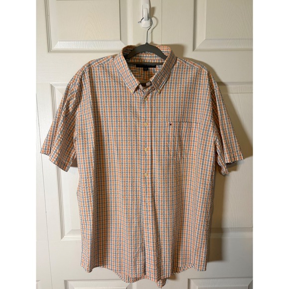 Tommy Hilfiger Other - Tommy Hilfiger Men XL Short Sleeve Seersucker Plaid Button Down Shirt Orange Blu